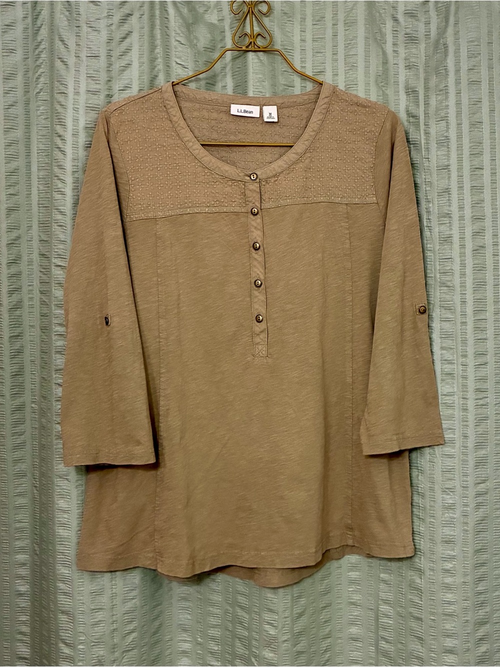 L.L. Bean Olive Button-Front Textured Yoke Long Sleeve Top